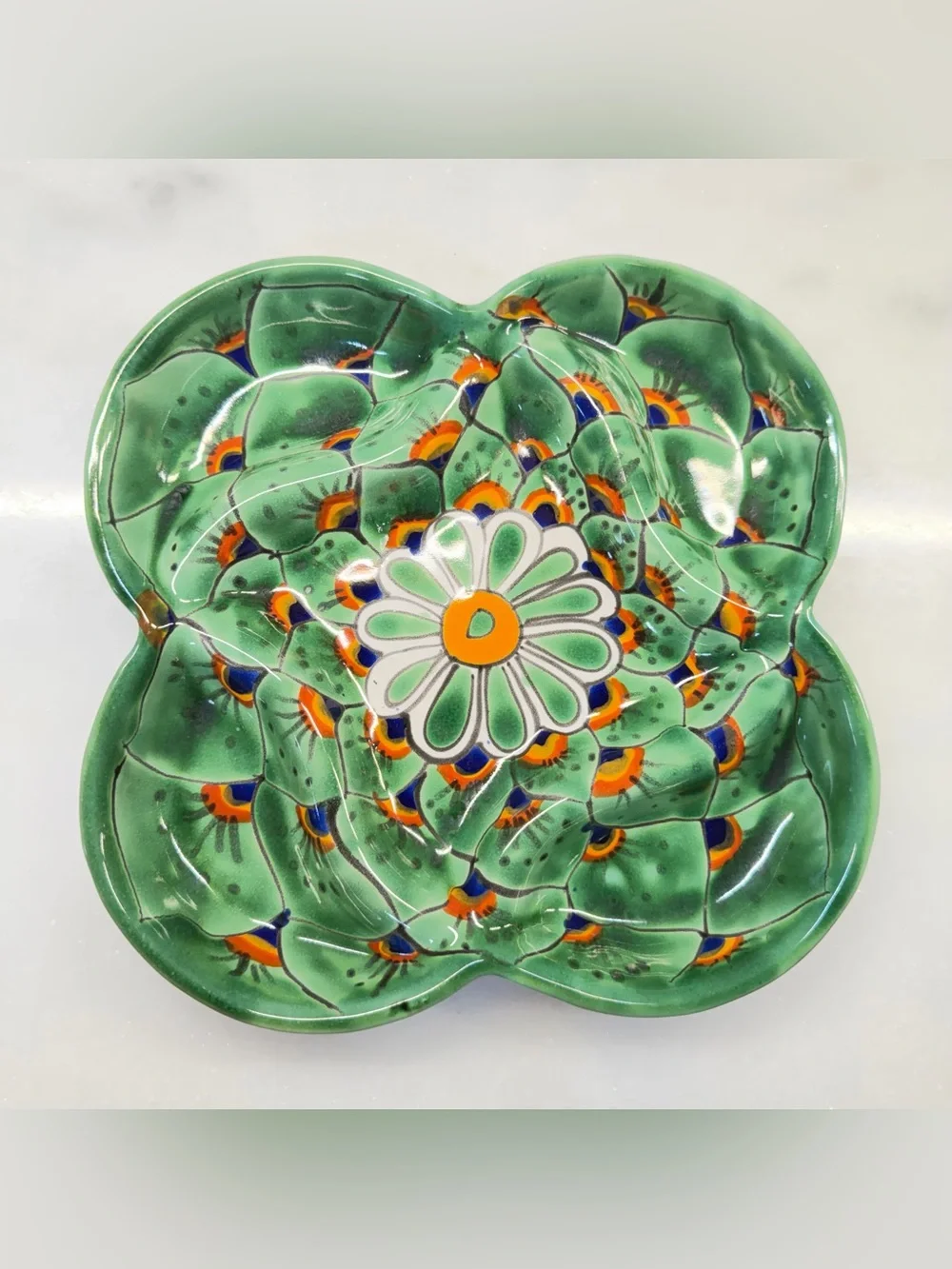 Hand-Painted Green Floral Ceramic Serving Bowl